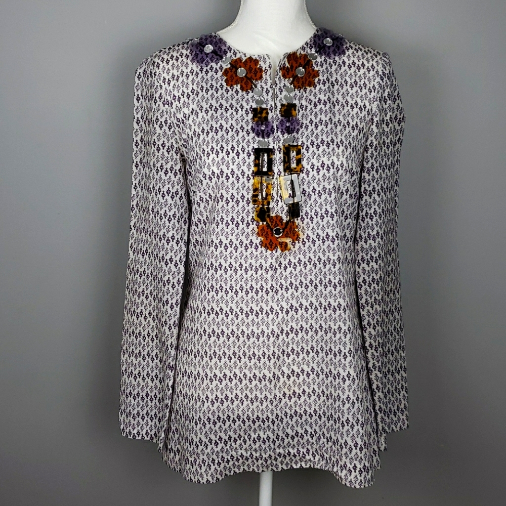 Tory Burch Purple & White Print Tunic. Size 6
